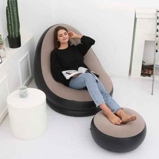 Fotoliu gonflabil bej tip sezlong cu suport picioare, pompa inclusa, pentru interior si exterior Fotoliu gonflabil bej tip sezlong cu suport picioare, pompa inclusa, pentru interior si exterior