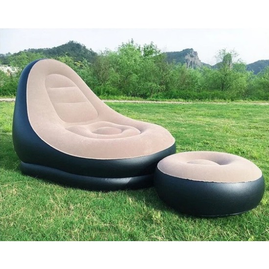 Fotoliu gonflabil bej tip sezlong cu suport picioare, pompa inclusa, pentru interior si exterior Fotoliu gonflabil bej tip sezlong cu suport picioare, pompa inclusa, pentru interior si exterior