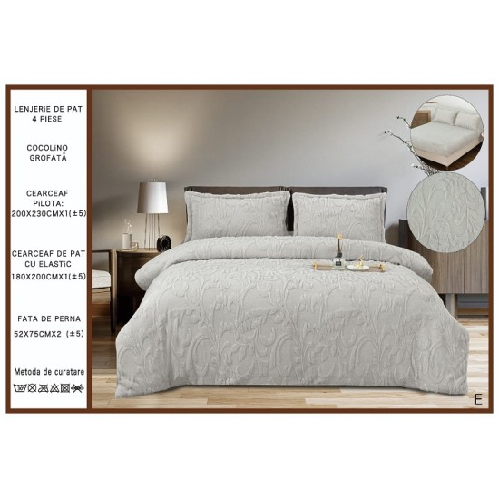                                           Lenjerie de Pat 4 Piese Cocolino Grofată cu Blăniță Premium, Cearceaf cu Elastic 180x200 cm