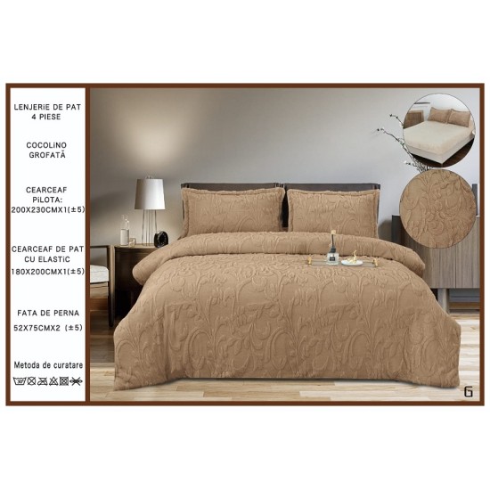                                           Lenjerie de Pat 4 Piese Cocolino Grofată cu Blăniță Premium, Cearceaf cu Elastic 180x200 cm