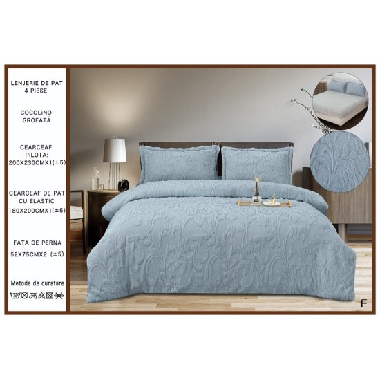                                           Lenjerie de Pat 4 Piese Cocolino Grofată cu Blăniță Premium, Cearceaf cu Elastic 180x200 cm