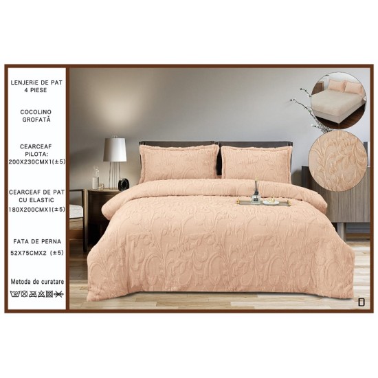                                           Lenjerie de Pat 4 Piese Cocolino Grofată cu Blăniță Premium, Cearceaf cu Elastic 180x200 cm