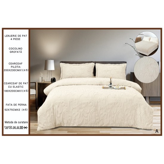                                           Lenjerie de Pat 4 Piese Cocolino Grofată cu Blăniță Premium, Cearceaf cu Elastic 180x200 cm