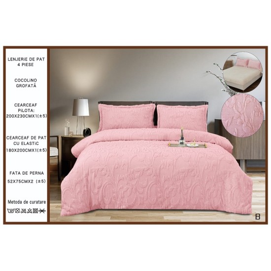                                           Lenjerie de Pat 4 Piese Cocolino Grofată cu Blăniță Premium, Cearceaf cu Elastic 180x200 cm