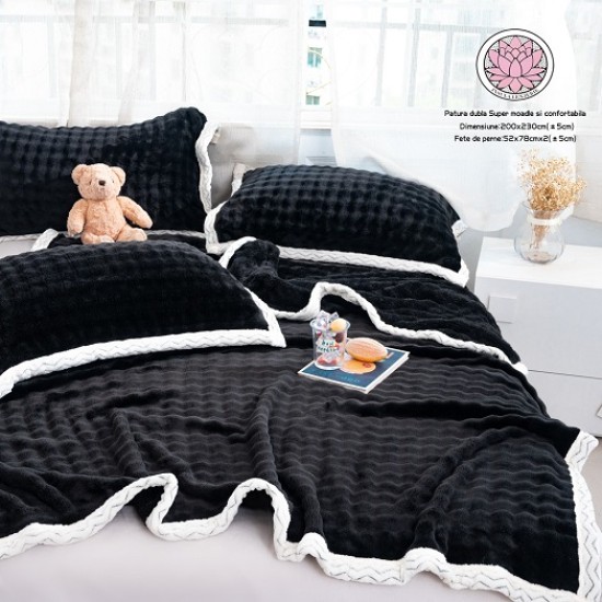                                           Set 3 Piese Pătură Dublă 200x230 cm Cocolino cu Bordură Contrastantă + 2 Fețe de Pernă 52x78 cm