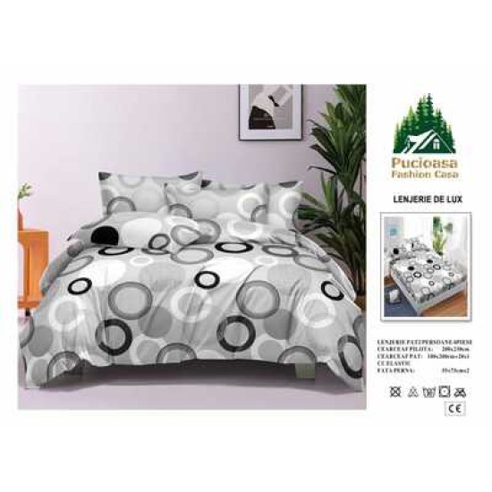                                                       Lenjerie de Pat 4 Piese pentru 2 Persoane, Cearceaf cu Elastic, Imprimeu Elegant Modern