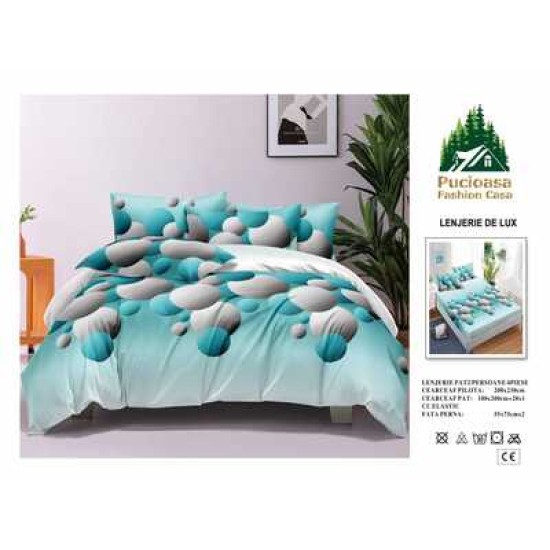                                                       Lenjerie de Pat 4 Piese pentru 2 Persoane, Cearceaf cu Elastic, Imprimeu Elegant Modern