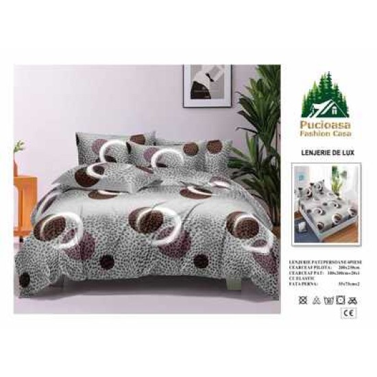                                                       Lenjerie de Pat 4 Piese pentru 2 Persoane, Cearceaf cu Elastic, Imprimeu Elegant Modern