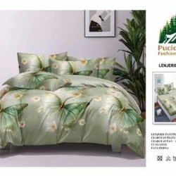                                                         Lenjerie de Pat 4 Piese pentru 2 Persoane, Cearceaf cu Elastic, Imprimeu Elegant Modern
