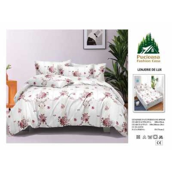                                                         Lenjerie de Pat 4 Piese pentru 2 Persoane, Cearceaf cu Elastic, Imprimeu Elegant Modern