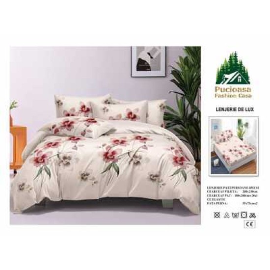                                                         Lenjerie de Pat 4 Piese pentru 2 Persoane, Cearceaf cu Elastic, Imprimeu Elegant Modern