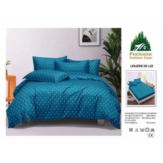                                                         Lenjerie de Pat 4 Piese pentru 2 Persoane, Cearceaf cu Elastic, Imprimeu Elegant Modern