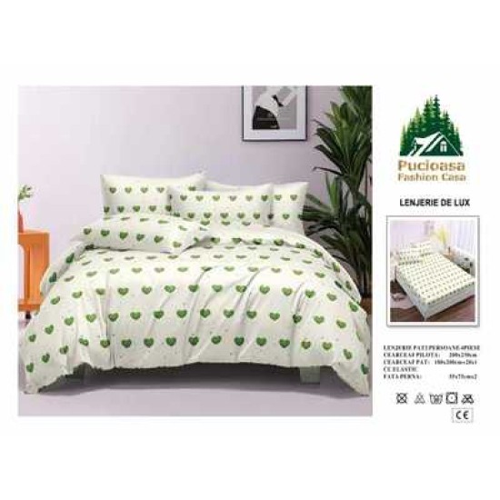                                                         Lenjerie de Pat 4 Piese pentru 2 Persoane, Cearceaf cu Elastic, Imprimeu Elegant Modern
