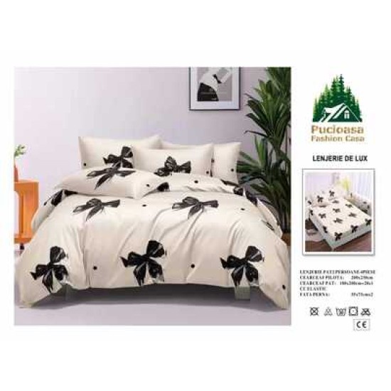                                                         Lenjerie de Pat 4 Piese pentru 2 Persoane, Cearceaf cu Elastic, Imprimeu Elegant Modern