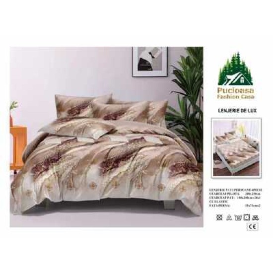                                                         Lenjerie de Pat 4 Piese pentru 2 Persoane, Cearceaf cu Elastic, Imprimeu Elegant Modern