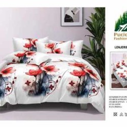                                                         Lenjerie de Pat 4 Piese pentru 2 Persoane, Cearceaf cu Elastic, Imprimeu Elegant Modern
