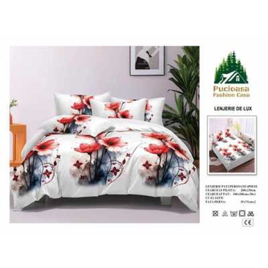                                                         Lenjerie de Pat 4 Piese pentru 2 Persoane, Cearceaf cu Elastic, Imprimeu Elegant Modern