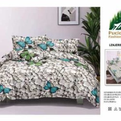                                                         Lenjerie de Pat 4 Piese pentru 2 Persoane, Cearceaf cu Elastic, Imprimeu Elegant Modern