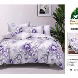                                                         Lenjerie de Pat 4 Piese pentru 2 Persoane, Cearceaf cu Elastic, Imprimeu Elegant Modern