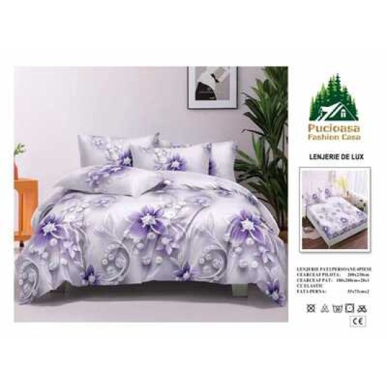                                                        Lenjerie de Pat 4 Piese pentru 2 Persoane, Cearceaf cu Elastic, Imprimeu Elegant Modern