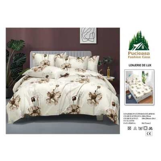                                                         Lenjerie de Pat 4 Piese pentru 2 Persoane, Cearceaf cu Elastic, Imprimeu Elegant Modern