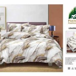                                                         Lenjerie de Pat 4 Piese pentru 2 Persoane, Cearceaf cu Elastic, Imprimeu Elegant Modern