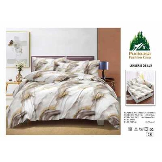                                                        Lenjerie de Pat 4 Piese pentru 2 Persoane, Cearceaf cu Elastic, Imprimeu Elegant Modern