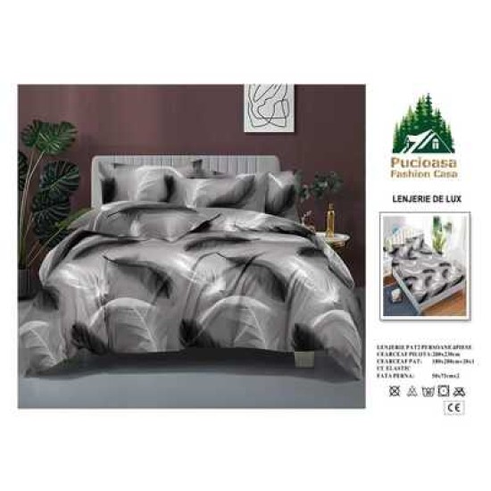                                                         Lenjerie de Pat 4 Piese pentru 2 Persoane, Cearceaf cu Elastic, Imprimeu Elegant Modern