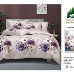                                                         Lenjerie de Pat 4 Piese pentru 2 Persoane, Cearceaf cu Elastic, Imprimeu Elegant Modern