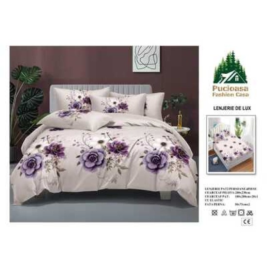                                                         Lenjerie de Pat 4 Piese pentru 2 Persoane, Cearceaf cu Elastic, Imprimeu Elegant Modern