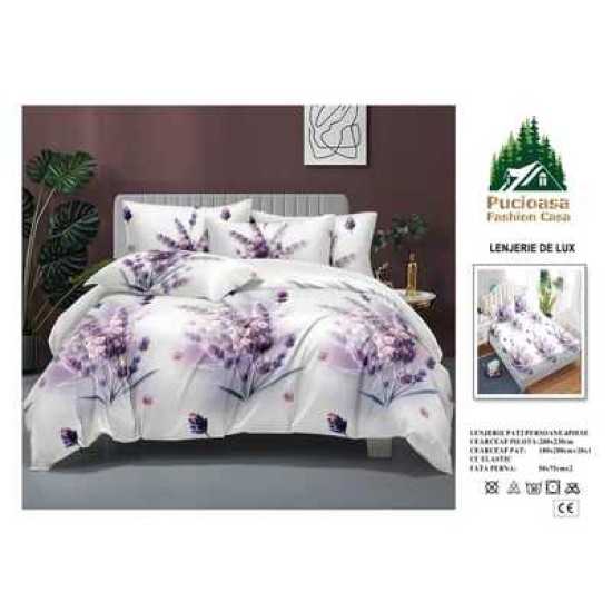                                                         Lenjerie de Pat 4 Piese pentru 2 Persoane, Cearceaf cu Elastic, Imprimeu Elegant Modern