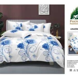                                                         Lenjerie de Pat 4 Piese pentru 2 Persoane, Cearceaf cu Elastic, Imprimeu Elegant Modern
