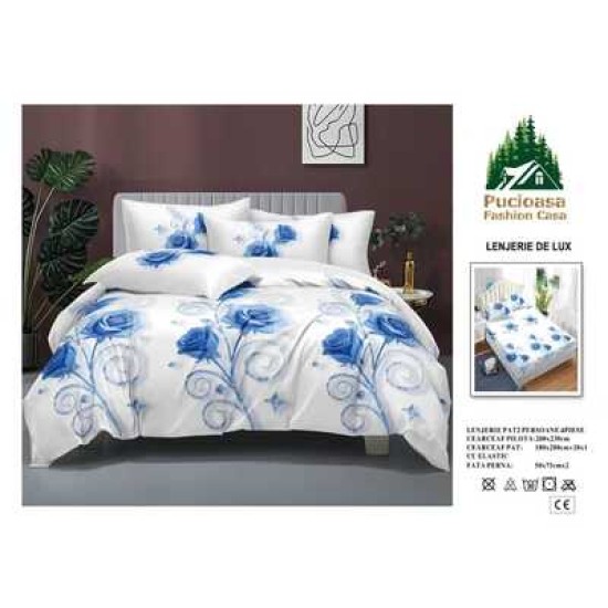                                                         Lenjerie de Pat 4 Piese pentru 2 Persoane, Cearceaf cu Elastic, Imprimeu Elegant Modern
