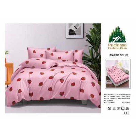                                                         Lenjerie de Pat 4 Piese pentru 2 Persoane, Cearceaf cu Elastic, Imprimeu Elegant Modern