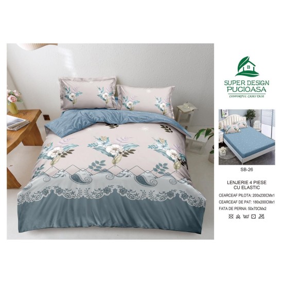                                                     Lenjerie 4 Piese Pat Dublu Cearceaf cu Elastic