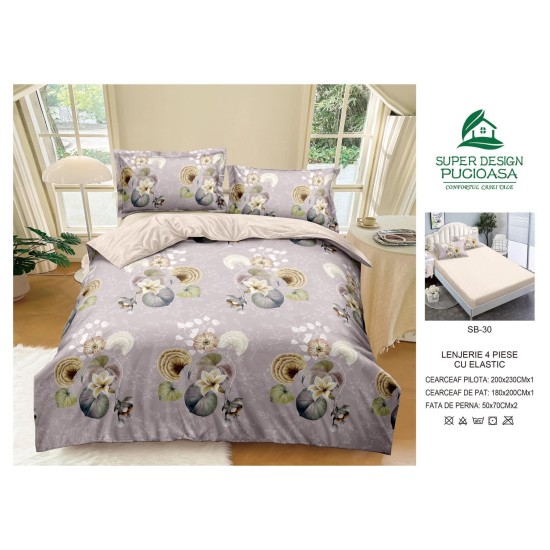                                                     Lenjerie 4 Piese Pat Dublu Cearceaf cu Elastic