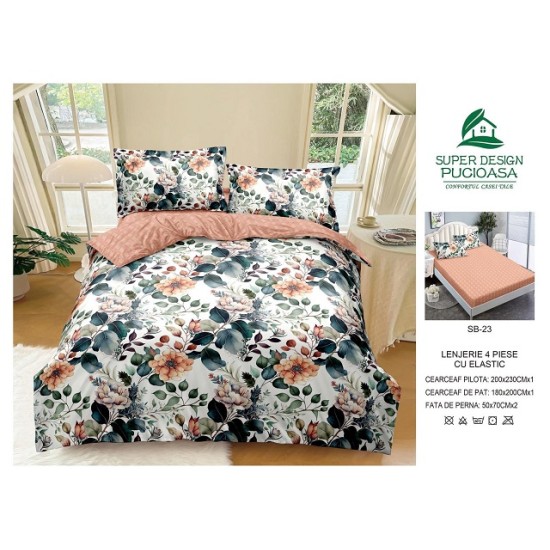                                                     Lenjerie 4 Piese Pat Dublu Cearceaf cu Elastic