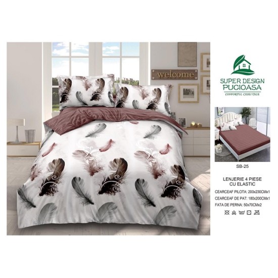                                                     Lenjerie 4 Piese Pat Dublu Cearceaf cu Elastic