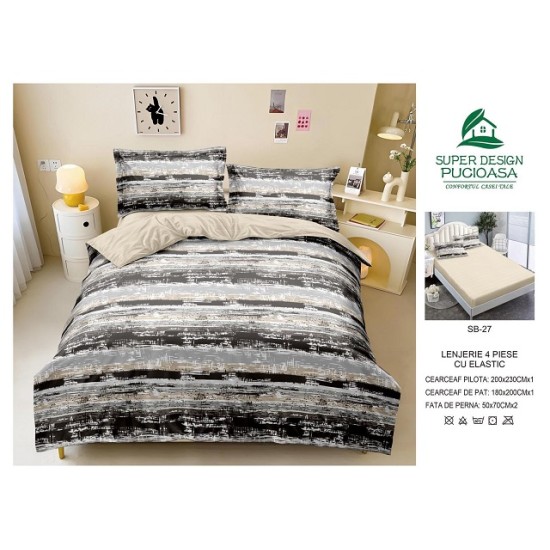                                                    Lenjerie 4 Piese Pat Dublu Cearceaf cu Elastic