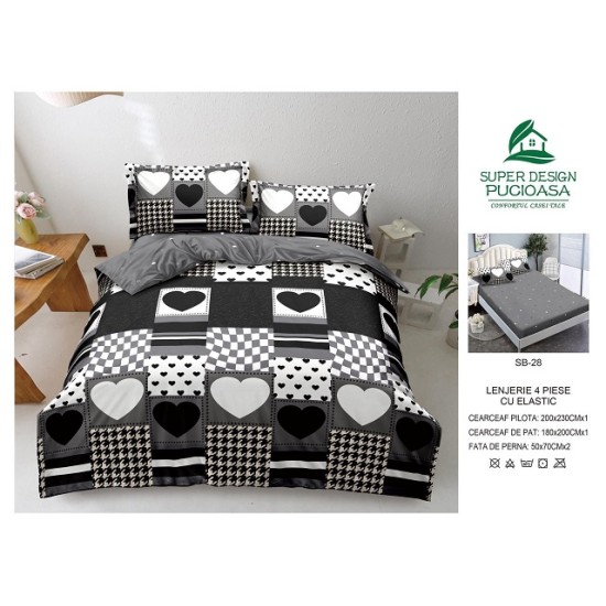                                                     Lenjerie 4 Piese Pat Dublu Cearceaf cu Elastic