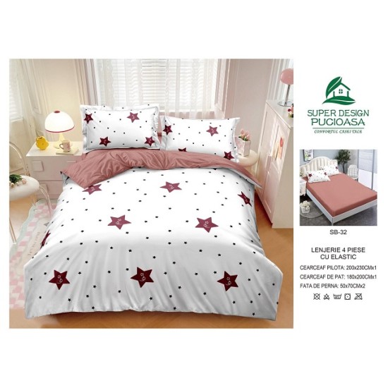                                                     Lenjerie 4 Piese Pat Dublu Cearceaf cu Elastic