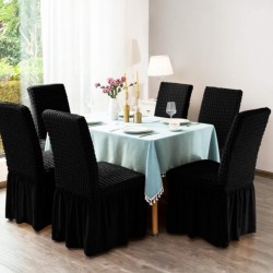                                                Huse Scaune Creponate cu Volane, Set 6 Bucăți, Elastice, Universale, Negru