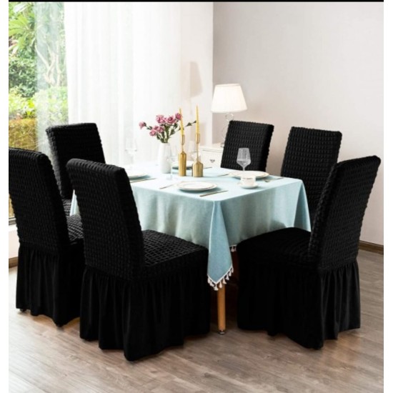                                                Huse Scaune Creponate cu Volane, Set 6 Bucăți, Elastice, Universale, Negru