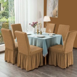                                                Huse Scaune Creponate cu Volane, Set 6 Bucăți, Elastice, Universale, Bej