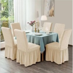                                                Huse Scaune Creponate cu Volane, Set 6 Bucăți, Elastice, Universale, Crem