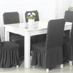                                                Huse Scaune Creponate cu Volane, Set 6 Bucăți, Elastice, Universale, Gri