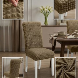                                               Huse Scaune Creponate Elastice, Set 6 Bucăți, Universale, Design Simplu, Bej