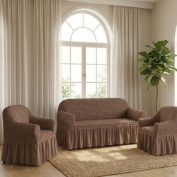                                                 Set Complet Huse Elastice pentru Canapea 3 Locuri și 2 Fotolii, Material Creponat cu Volane, Maro Tabac