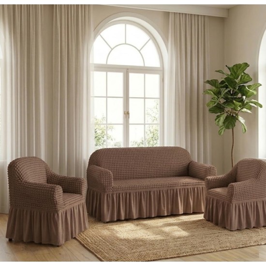                                                 Set Complet Huse Elastice pentru Canapea 3 Locuri și 2 Fotolii, Material Creponat cu Volane, Maro Tabac
