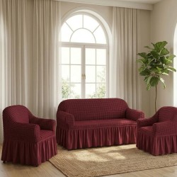                                                 Set Complet Huse Elastice pentru Canapea 3 Locuri și 2 Fotolii, Material Creponat cu Volane, Bordo